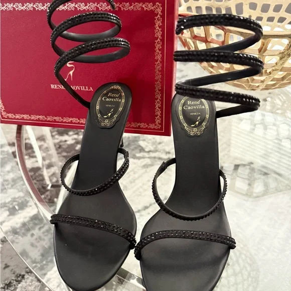 🤩✨RENE CAOVILLA Cleo Snake embellished sandal black leather rhinestone heels 9 - Picture 4 of 13